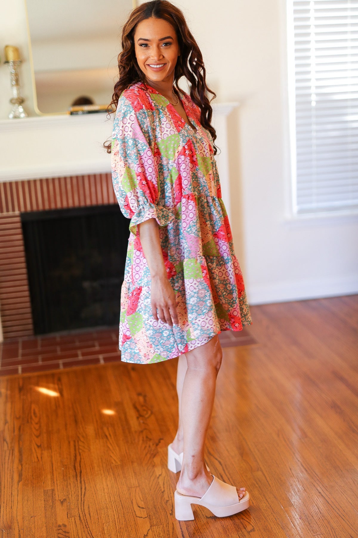 Look Of Love Lime & Coral Patchwork Print V Neck Dress