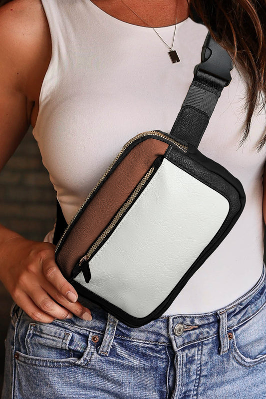 White Leather Colorblock Zipped Removable Clip Crossbody Bag