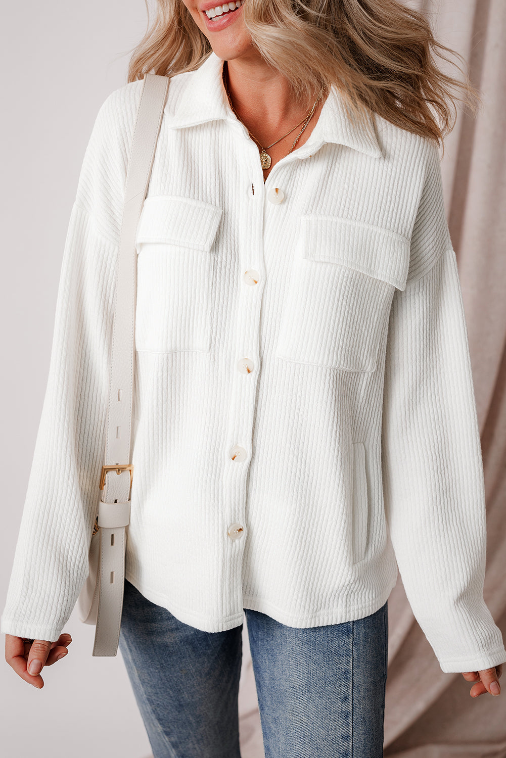 White Solid Color Corduroy Buttoned Long Sleeve Shacket