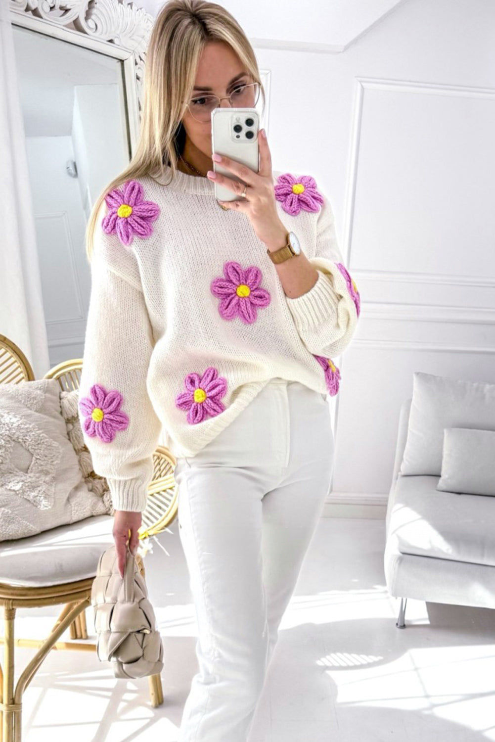 White Floral Crochet Chunky Knit Sweater