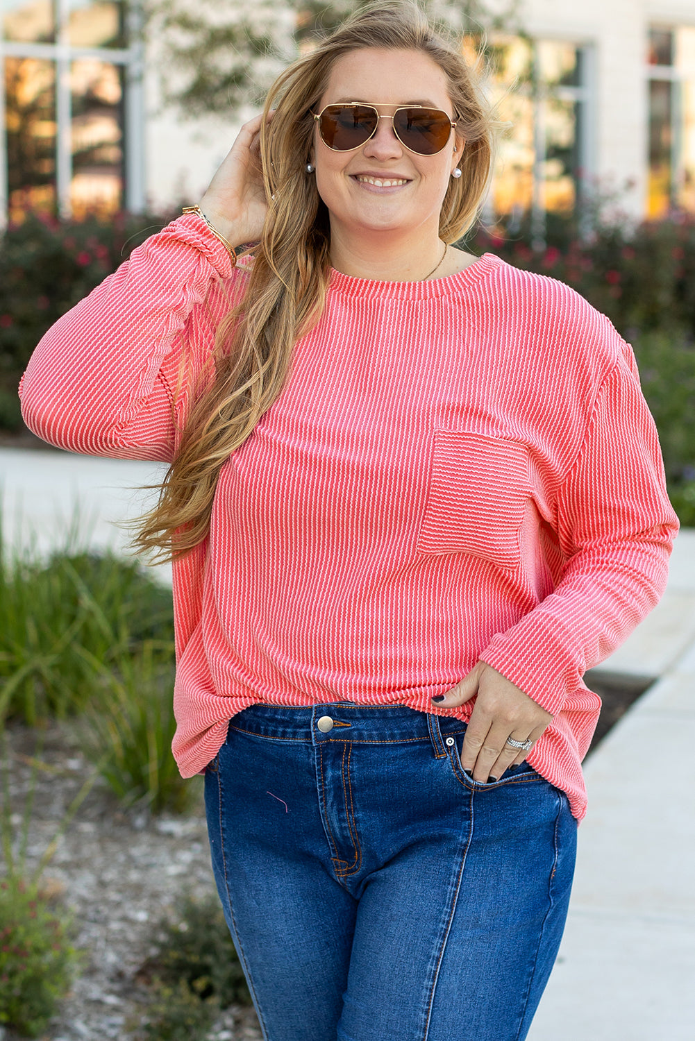 Peach Blossom Plus Size Ribbed Textured Long Sleeve T Shirt