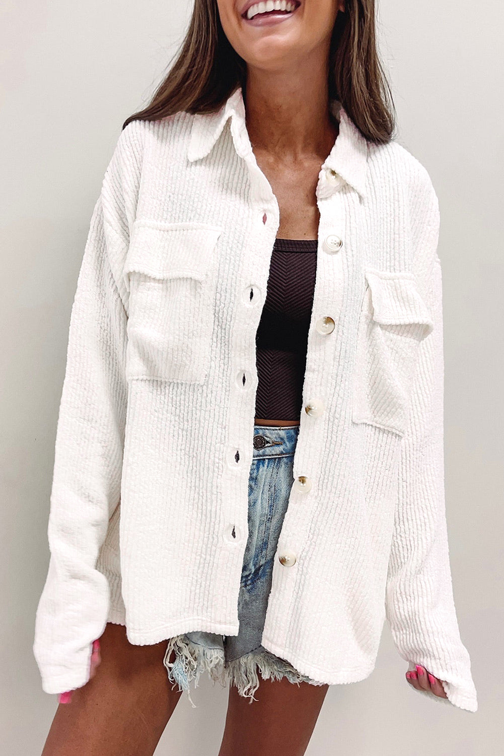 White Solid Color Corduroy Buttoned Long Sleeve Shacket