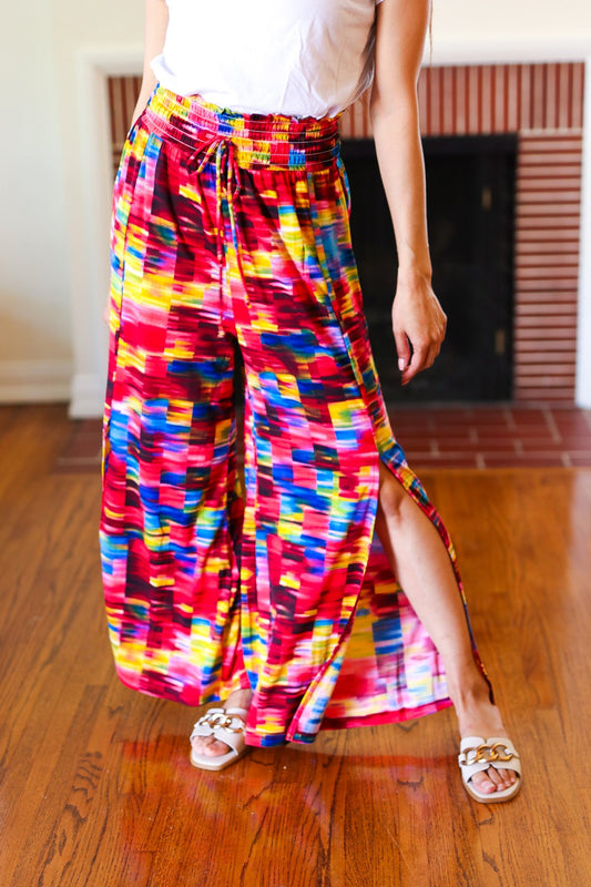 Vacay Vibes Kaleidoscope Smocked Waist Side Slit Palazzo Pants