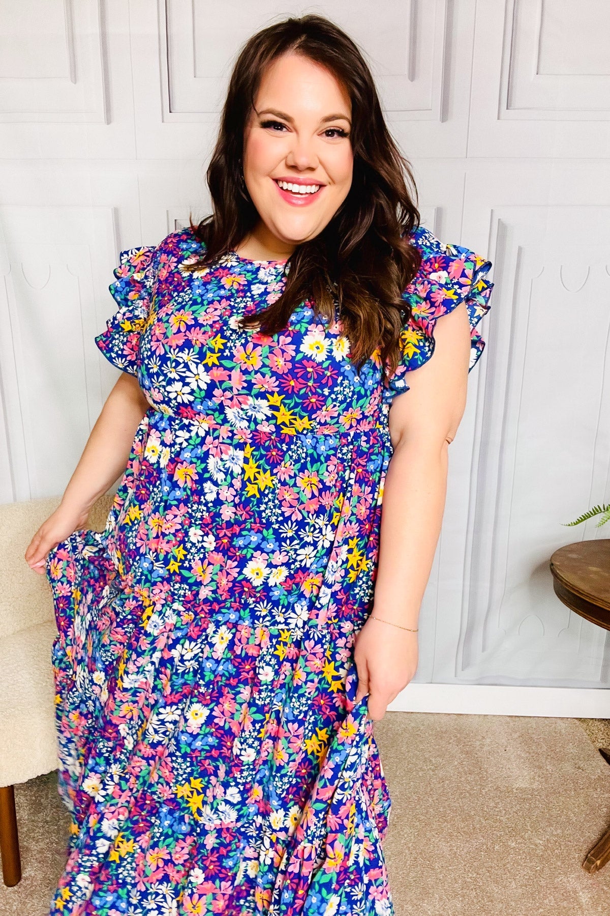 Just A Dream Navy Floral Smocked Ruffle Sleeve Maxi Dress