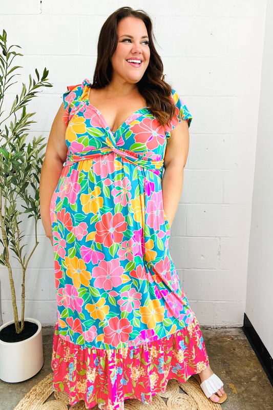 Vacay Vibes Blue Floral Print Sweetheart Twisted Neckline Maxi Dress