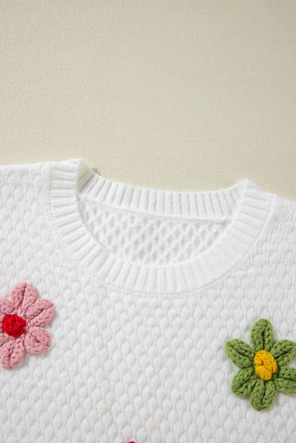 White Colorful Flower Applique Textured Knit Sweater